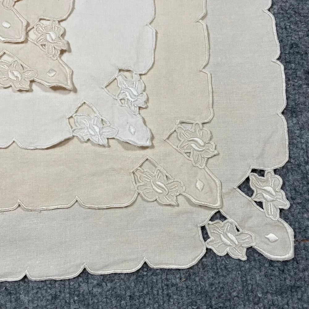 Vintage Linen Cocktail Napkins Set of 7 Beige Floral Cutwork Scalloped Edge